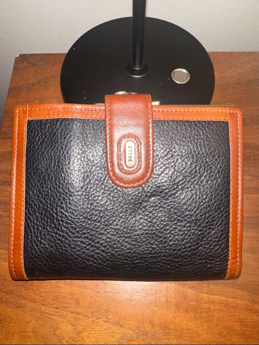 BALLY Colorblock Leather Black + Cognac Wallet • Gold Kisslock • Vintage Luxury